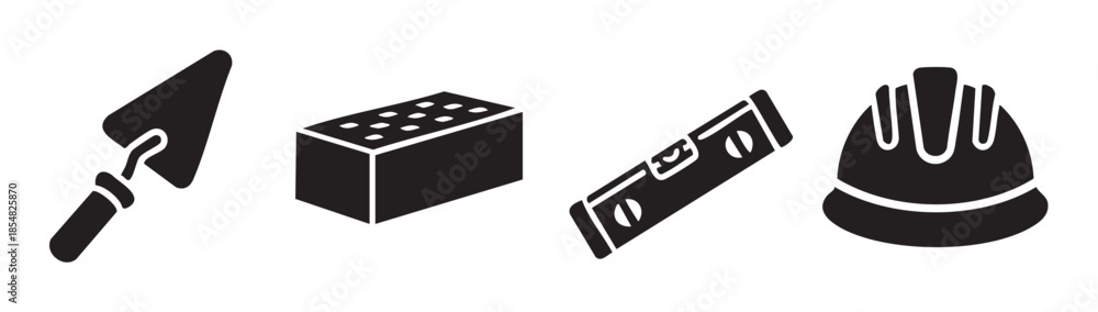 Obraz premium Construction tools and materials icons representing building industry work, including a trowel, brick, spirit level, and hard hat, are displayed in a simple black silhouette style.