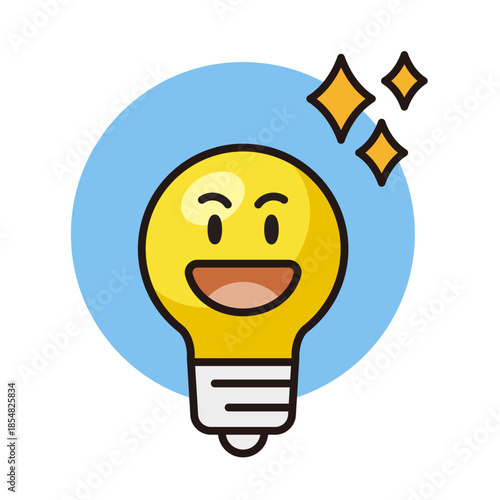 顔がある電球のイラスト。笑顔のランプ。アイディアを思いついたときの表情。Light bulb icon.