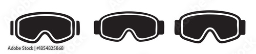 Three black silhouette ski goggles icons represent essential protective eyewear for winter sports enthusiasts, skiers, and snowboarders.