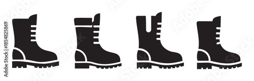 Four black silhouette icons of boots showcasing various styles of sturdy footwear, perfect for representing work, military, or outdoor adventure concepts in graphic design.