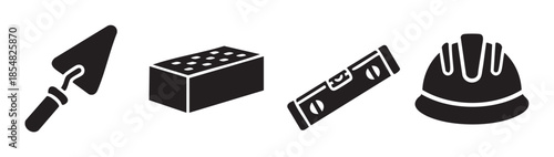 Construction tools and materials icons representing building industry work, including a trowel, brick, spirit level, and hard hat, are displayed in a simple black silhouette style.