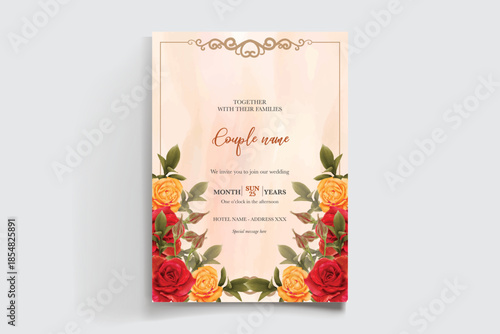 WEDDING INVITATION FRAME WITH FLOWER DECORATIONS AND FRESH LEAVES
