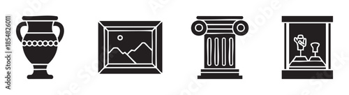 Museum artifacts and historical objects are beautifully displayed representing ancient art, culture, and archaeological heritage in a collection of iconic symbols.