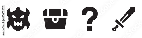Fantasy adventure game icons representing a monster, treasure chest, question mark, and sword, perfect for digital applications and storytelling.