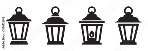 Four black silhouette lantern icons with various designs, representing classic outdoor lighting fixtures for decoration or illumination.