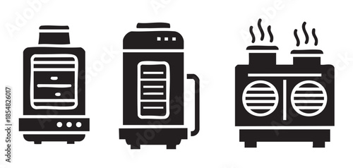 Three different humidifiers and air purifiers in a set of black silhouette icons representing various modern home air treatment appliances and devices.