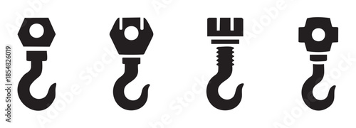 Industrial lifting crane hooks set of four different designs representing heavy duty equipment for construction, cargo, and material handling operations.
