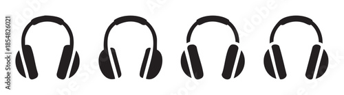 Four black silhouette headphones icons representing sound and music enjoyment, perfect for various digital media and audio concepts.