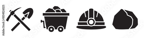 Mining industry related icons including pickaxe shovel mine cart hard hat and ore representing excavation and resource extraction activities.