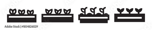 Seedlings growing in planters icon set represents the stages of plant growth, agriculture, and sustainable gardening practices for a healthy environment.