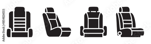 Four black silhouette car seats presented in various angles, illustrating automotive interior design and comfort elements for vehicles.