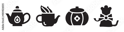 Tea and kitchenware icons featuring various beverage and food containers, including teapots, cups, and decorative jars, presented in a simple, elegant black silhouette style.