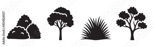 Various trees and plants silhouettes in a collection showcasing different natural forms for design elements and environmental concepts.
