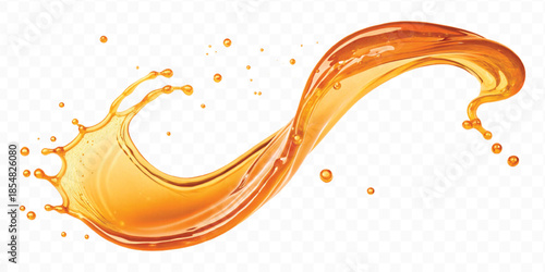realistic fresh liquid honey or oil splash with drops  in curve style isolated on transparent background