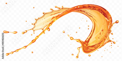 realistic fresh liquid honey or oil splash with drops  in curve style isolated on transparent background