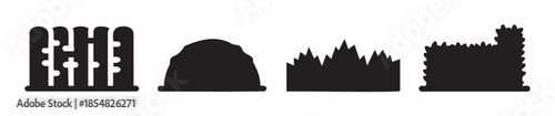 Various landscape elements silhouettes representing natural outdoor features and boundaries like fences, hills, mountains, and bushes, ideal for graphic design projects and game assets.