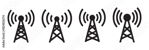 Four communication towers with radiating signals represent modern wireless technology, global connectivity, and essential telecommunication infrastructure for digital communication.
