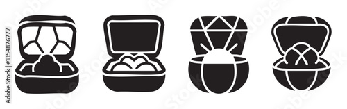 Four different open ring boxes showcasing various engagement rings and precious gems, symbolizing love, proposals, and special occasions.