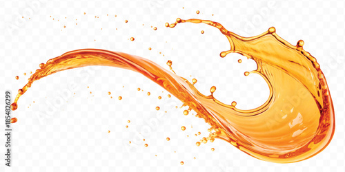 realistic fresh liquid honey or oil splash with drops  in curve style isolated on transparent background