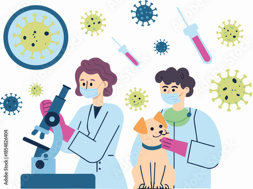 Scientists researching viruses with a dog vaccine and medical equipment