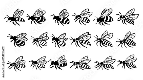 Bee insect silhouettes set illustrating flying and crawling pollinator positions.