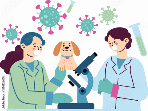 Scientists a dog and a microscope researching viruses and potentially a vaccine