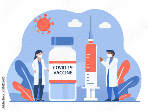 Covid 19 vaccine illustration with doctors syringe and virus depiction