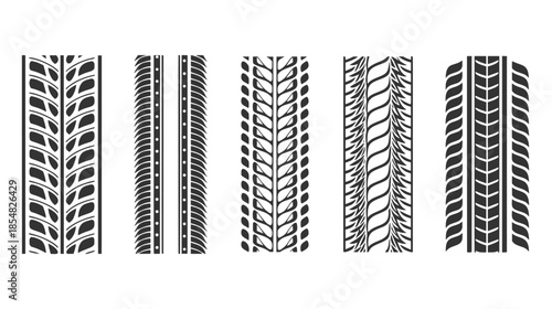 Vector set of tire tread print & Tire track patterns collection illustrating different vehicle tread design styles.