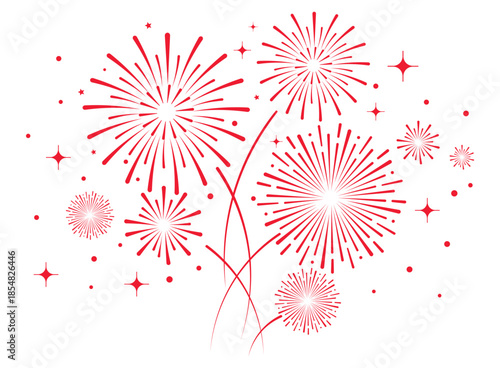 Elegant red fireworks burst and sparkling stars on clean white background, festive celebration illustration for New Year, holiday party, greeting card, luxury event design, minimalist style vector.