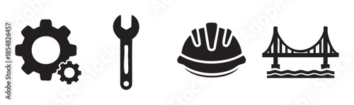 Engineering and construction industry symbols featuring gears, a wrench, a hard hat, and a bridge, representing various aspects of mechanical work and infrastructure development.
