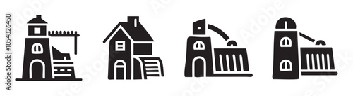 Industrial buildings and factories vector icon set illustrates various processing plants and historical structures in a simple graphic style.