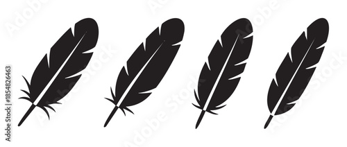 Four black feather silhouettes are displayed as simple vector icons, representing lightness, freedom, and softness in a minimalist graphic design.