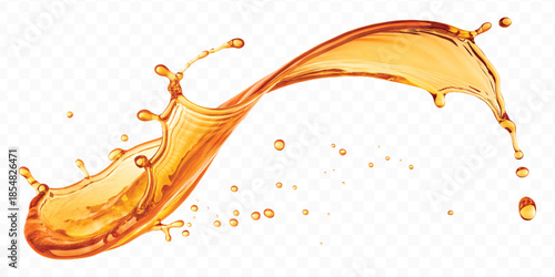 realistic fresh liquid honey or oil splash with drops  in curve style isolated on transparent background