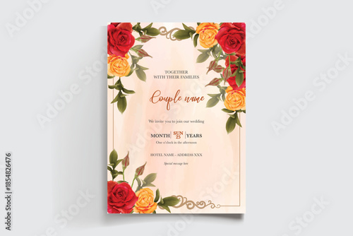 WEDDING INVITATION FRAME WITH FLOWER DECORATIONS AND FRESH LEAVES