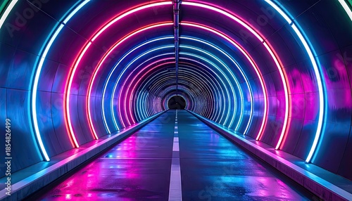 Futuristic Neon Tunnel with Pink and Blue Lights Reflecting on Wet Road Surface Creating a Vibrant Sci-Fi Atmosphere