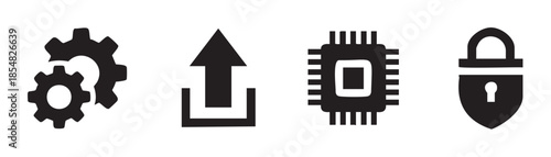 Digital technology icons representing settings, upload, processing, and security functions for modern web and application interfaces.