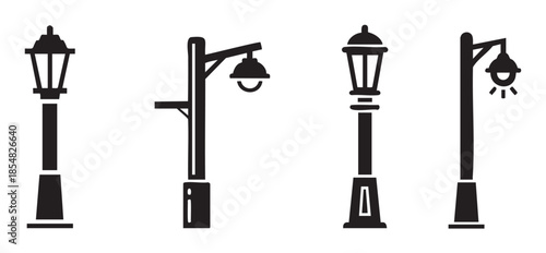 Four distinct street lamps and lampposts in black silhouette designs, representing various outdoor lighting fixtures for urban and park environments.