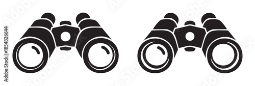 Two black binoculars icons representing exploration, discovery, and observation, perfect for navigation, travel, and adventure concepts.