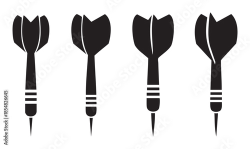Four black darts vector illustration set for games, sports, and target practice concepts, representing accuracy, competition, and aiming for success in various challenges.