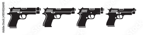 Four black handgun silhouettes arranged in a horizontal row, depicting modern firearms, self-defense, and law enforcement concepts with a graphic style.