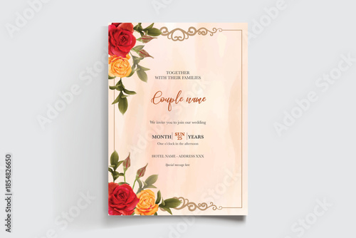 WEDDING INVITATION FRAME WITH FLOWER DECORATIONS AND FRESH LEAVES