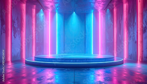 Futuristic Stage With Neon Lights In Blue And Pink Glowing Ambiance And Reflective Floor