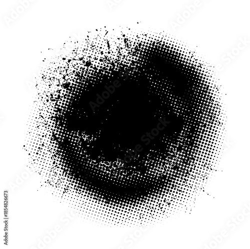 Abstract halftone ink splash circle creating grunge texture effect.