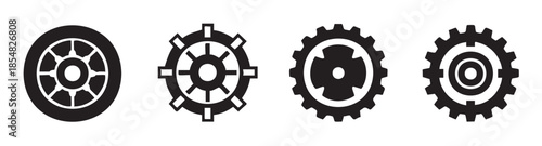 Gears and wheels icons representing mechanical engineering, industrial processes, and customizable settings for various digital and print applications.