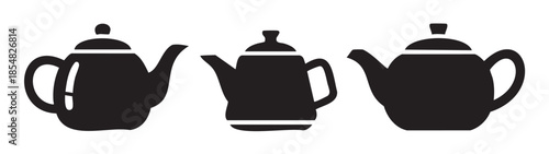 Three black silhouette teapots and coffee pots are elegantly displayed as simple graphic icons, perfect for various design and culinary-themed projects.