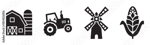 Farming agriculture rural life barn tractor windmill corn icons set in a simple black and white graphic style representing traditional farm elements.