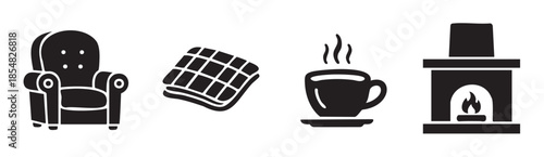 Cozy home comfort items, including an armchair, blanket, steaming cup, and a warm fireplace, representing relaxation and warmth during cold seasons.