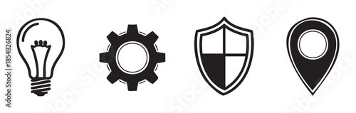Lightbulb gear shield map pin icons represent essential concepts for business, technology, security, and location services in a clean vector style.