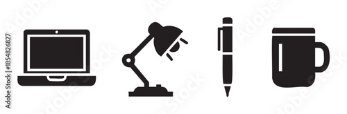 Laptop, lamp, pen, mug, office, work, desk items are essential tools for productivity and a comfortable workspace, depicted as simple black silhouette icons.