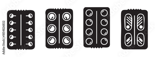 Pill blister packs icon set featuring various medical tablet and capsule packaging designs for pharmaceutical and healthcare concepts.